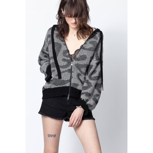 Zadig & Voltaire Lennox Leopard Print Hooded Cashmere Zip Sweater - size XS/S - Picture 1 of 10